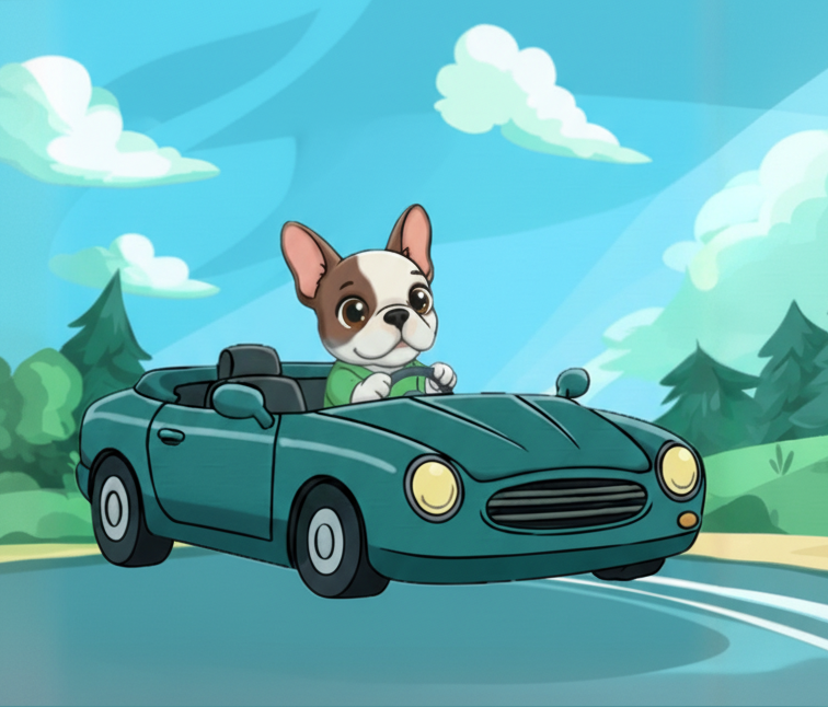 Cute French Bulldog driving a car